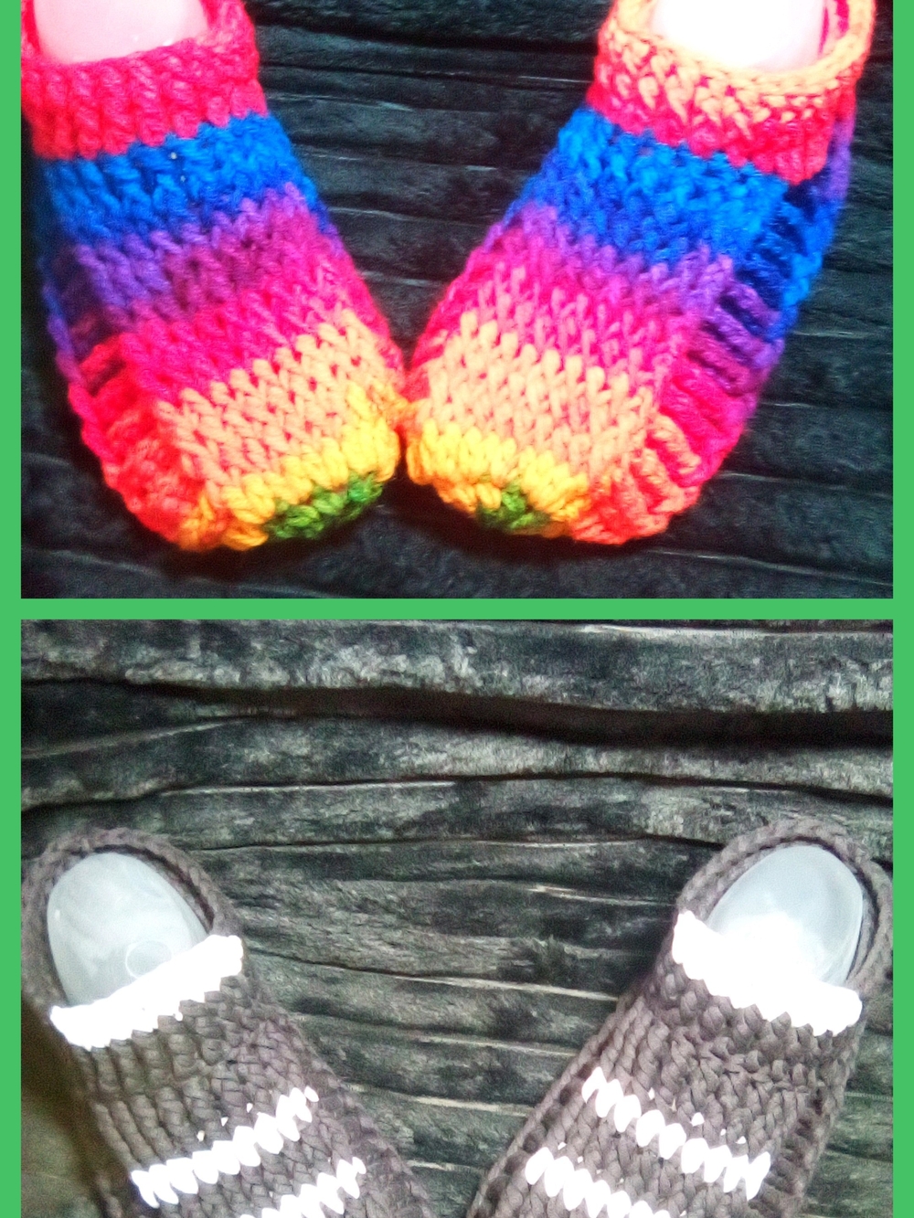 Handmade Crochet Slippers - Rainbow and Brown Striped Pairs
